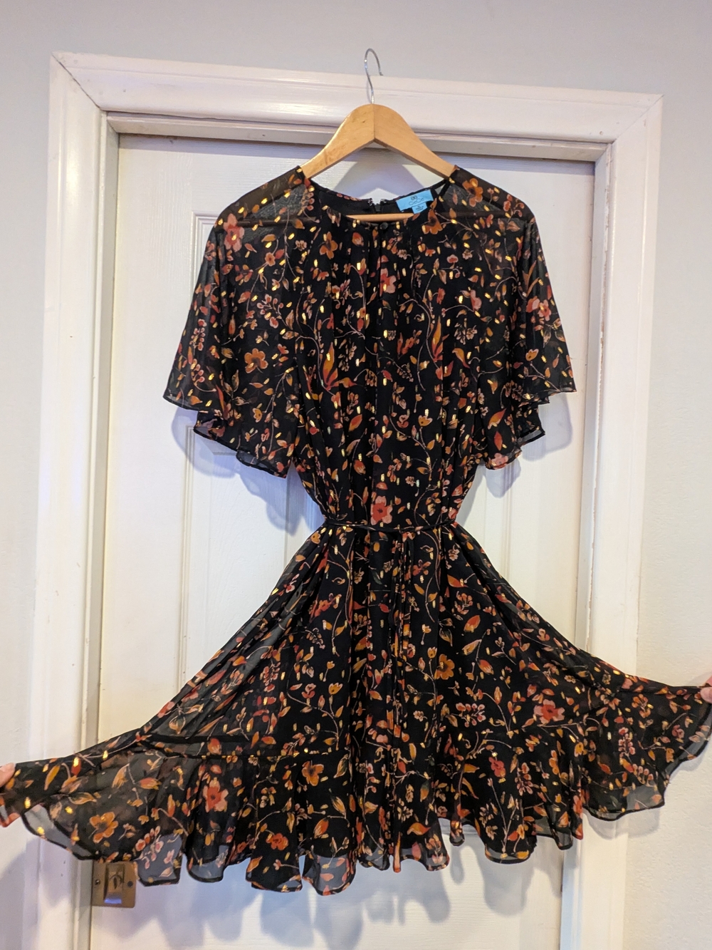 CeCe Black Floral Flutter-Sleeve Fit & Flare Dress